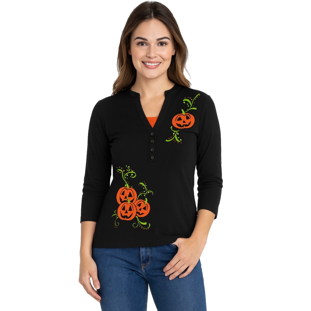 SML Sport Womens Halloween Pumpkins 3/4‎ Sleeve Black Henley Shirts Tops Size M